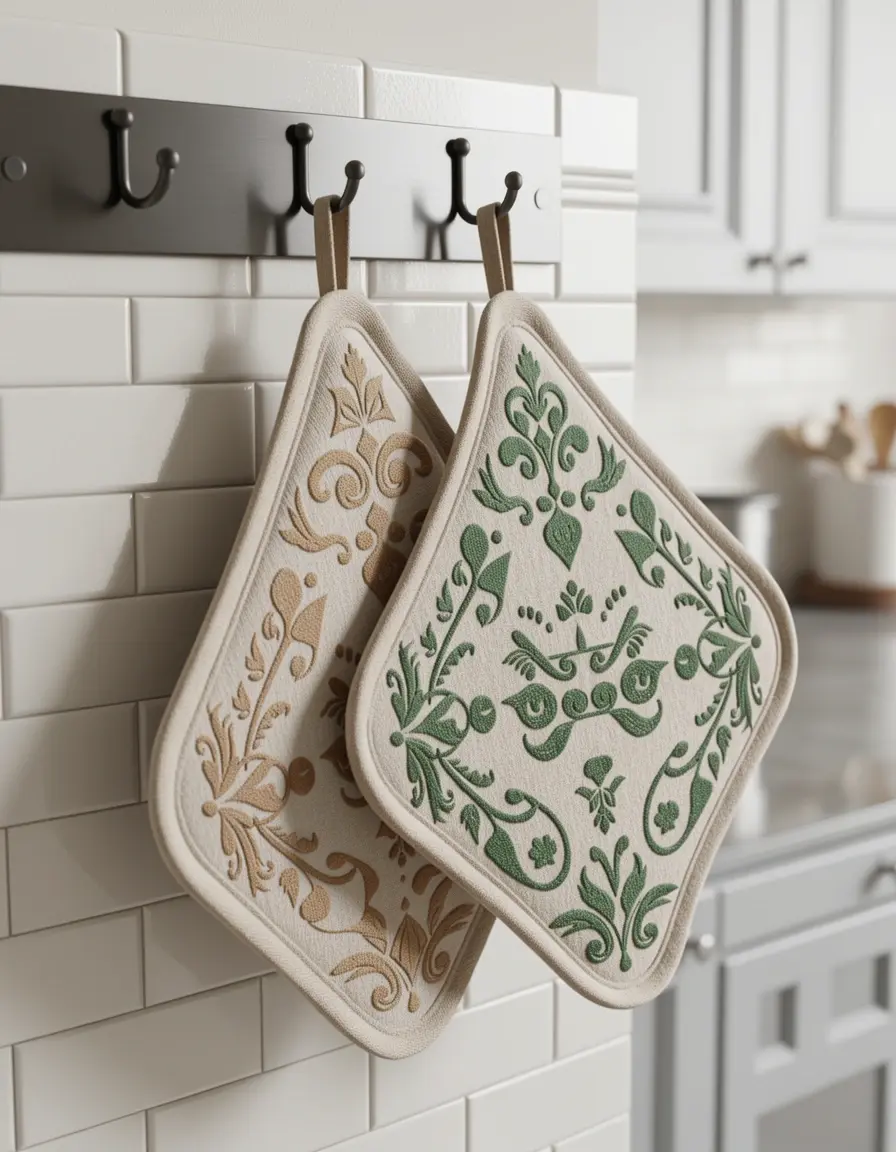 Set de 2 agarradores de algodón con diseño moderno colgados en la cocina