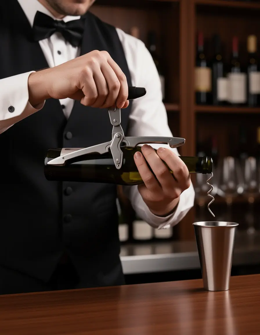 Sacacorchos de camarero abriendo una botella de vino con elegancia