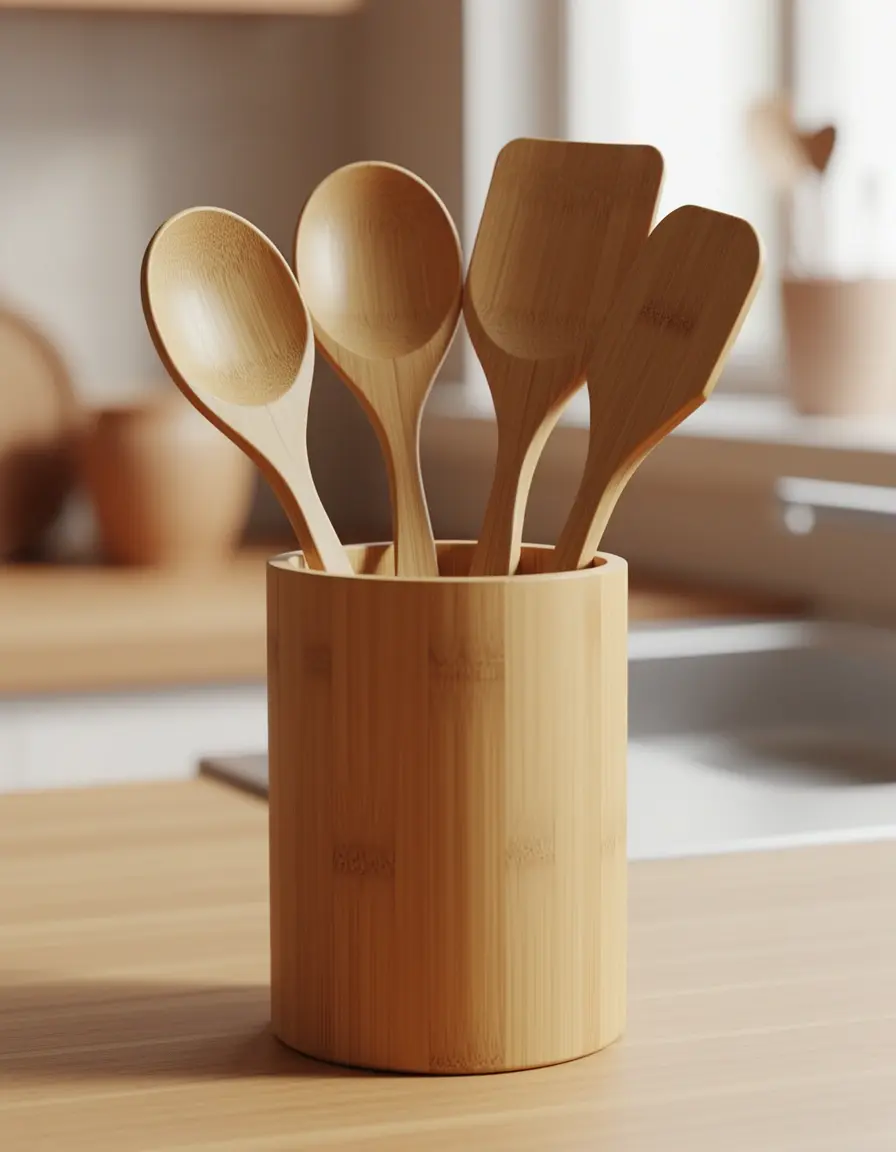 Set de 6 utensilios de cocina de bambú en su soporte