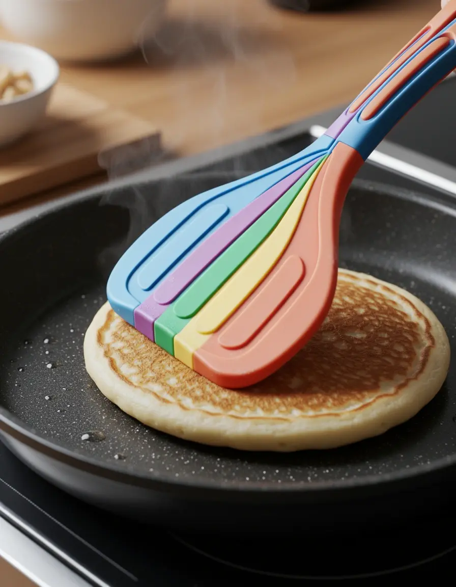 Pancake Turner Silicone flipping a golden pancake in a pan