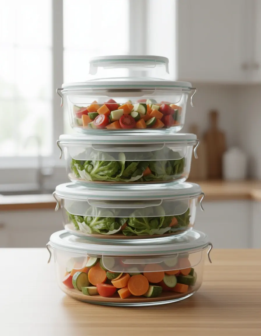 Set of 5 Glass Food Storage Containers with BPA-free lids stacked neatly