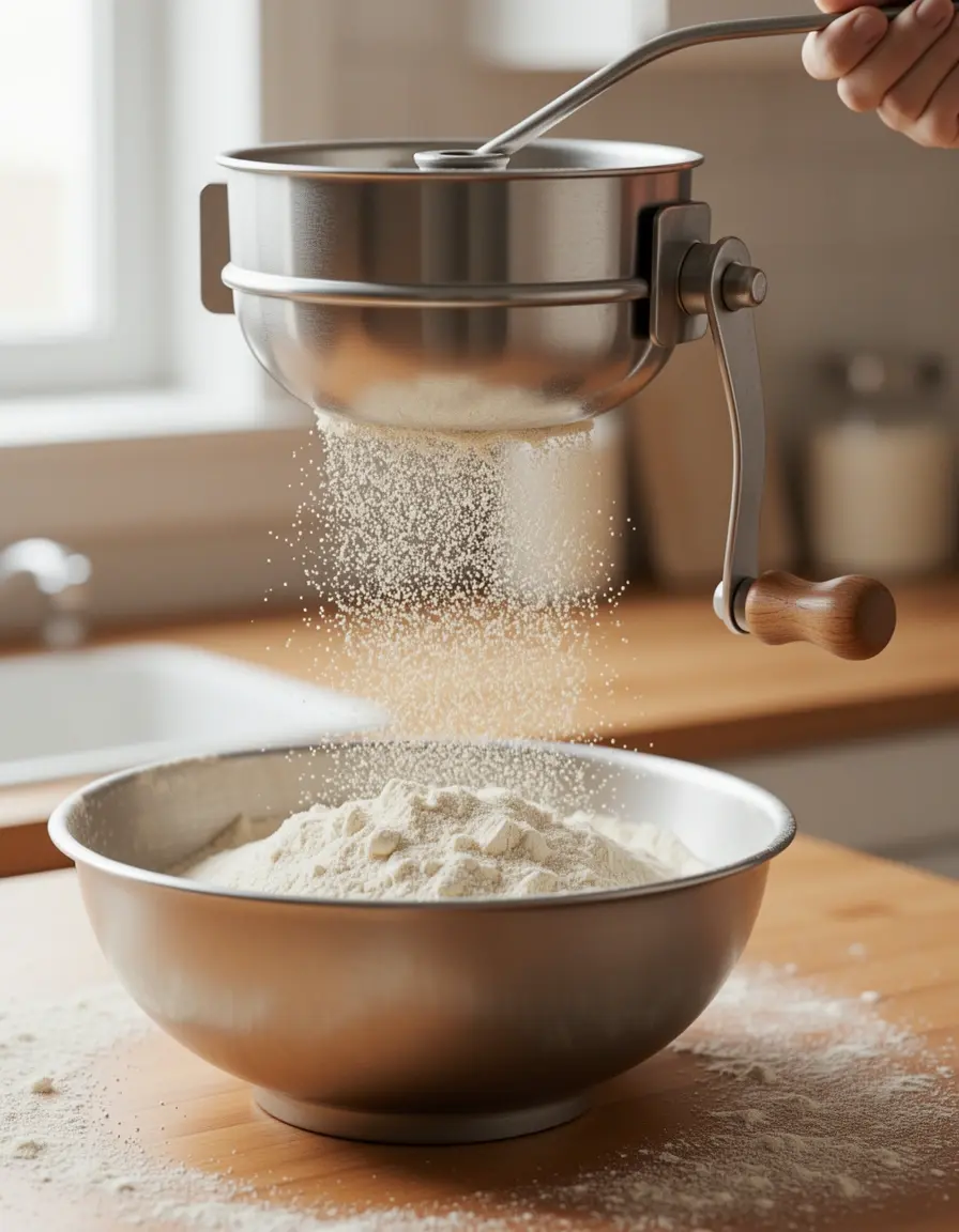 Stainless steel flour sifter sifting flour into a bowl with crank handle