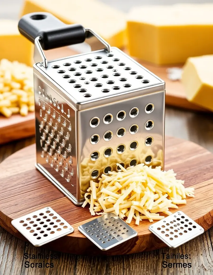 4-Sided stainless steel box grater on a wooden board with cheese