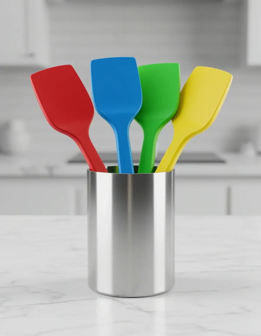 Set of 4 colorful silicone spatulas in a holder on marble countertop