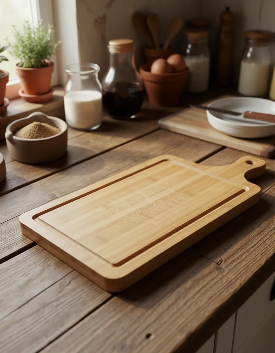 Small bamboo cutting board with juice groove in a rustic kitchen
