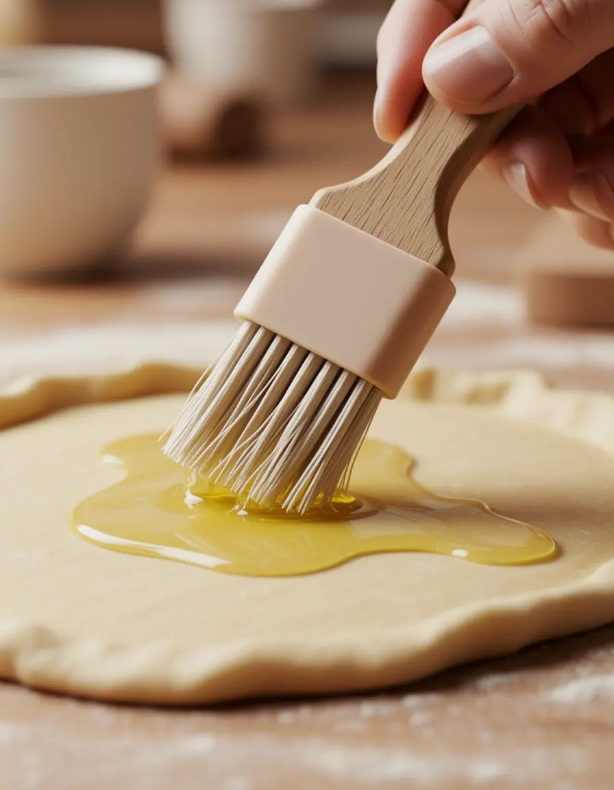 Silicone pastry brush with wooden handle brushing oil on pastry