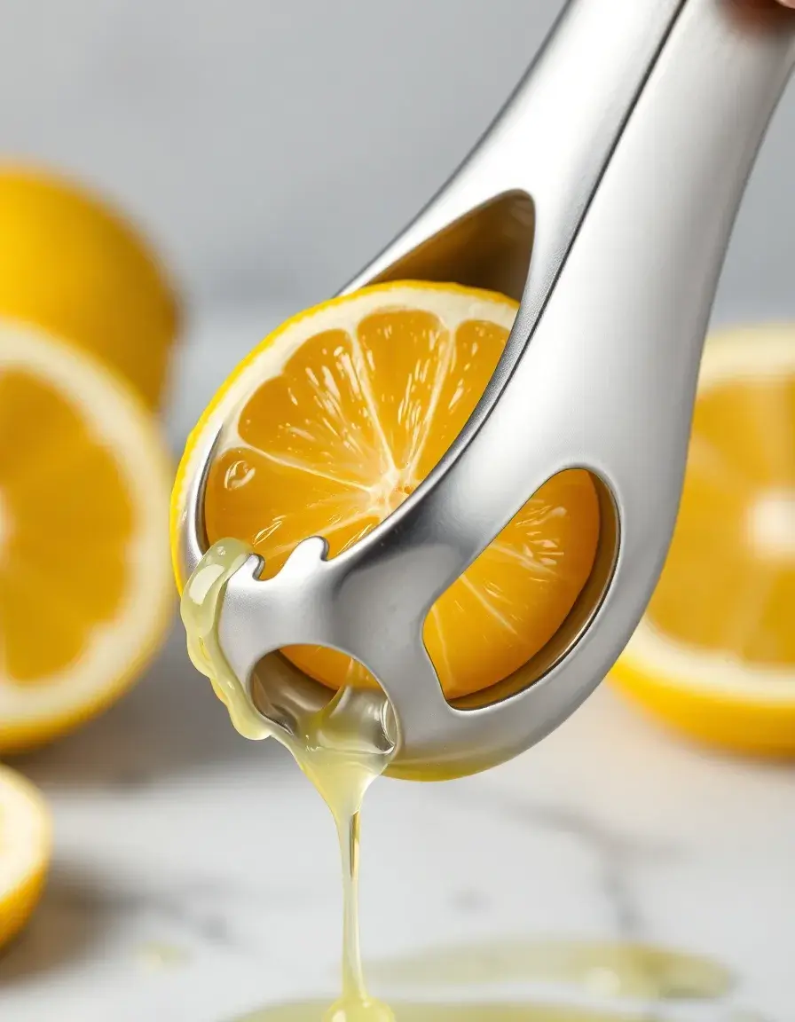 Stainless steel lemon squeezer with fresh lemon and juice drops
