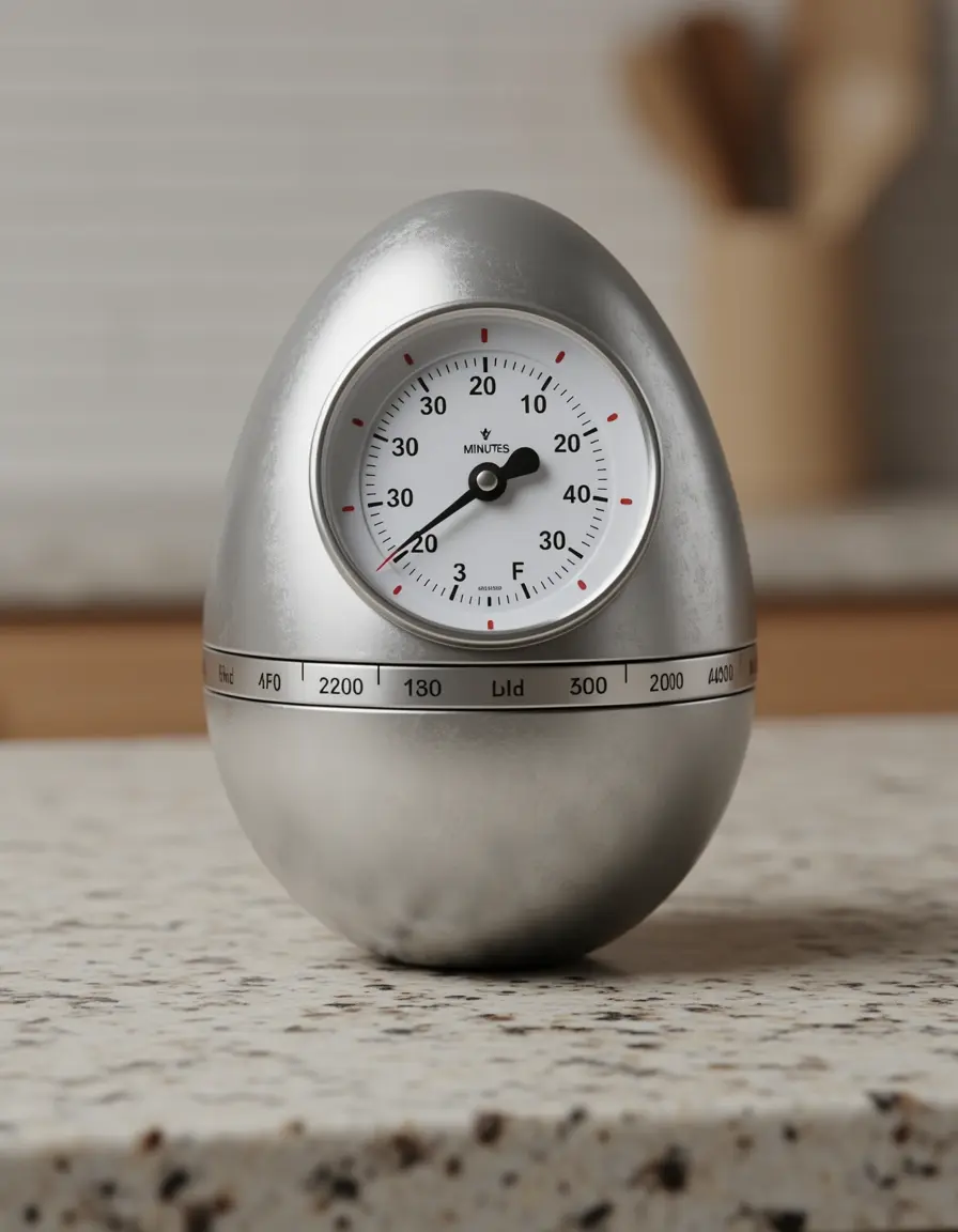 Temporizador de cocina mecánico con forma de huevo en una encimera