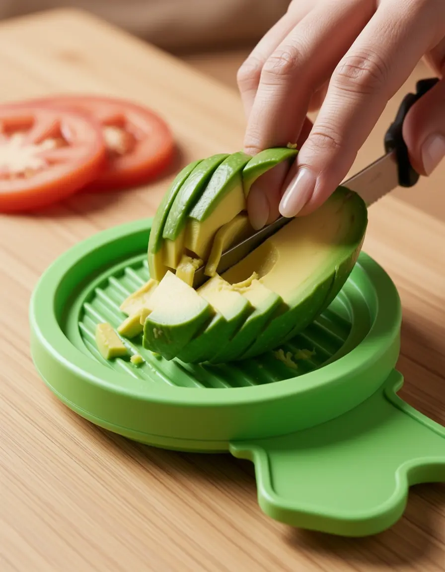 Cortador de aguacate 3 en 1 deshuesando y rebanando un aguacate verde