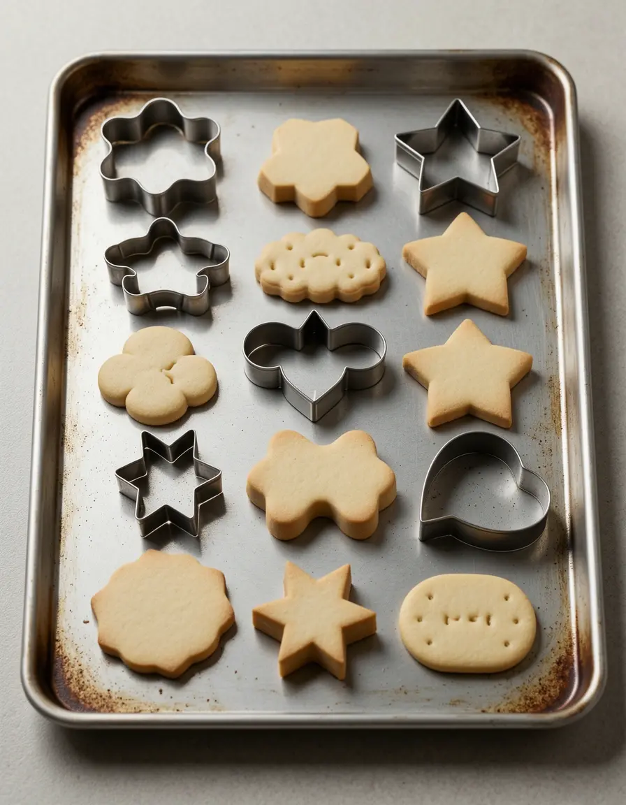 Set de cortadores de galletas de 10 piezas de metal sobre una bandeja de horno