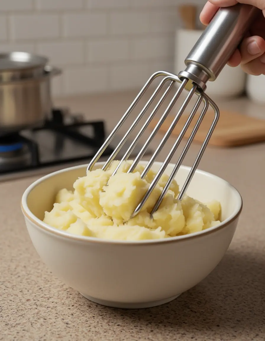 Prensapuré de diseño ondulado de acero inoxidable aplastando patatas
