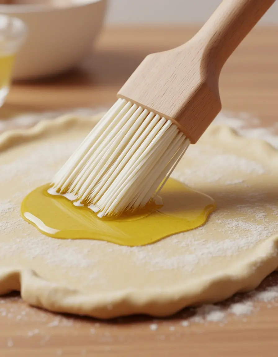 Pincel de silicona para repostería con mango de madera aplicando aceite