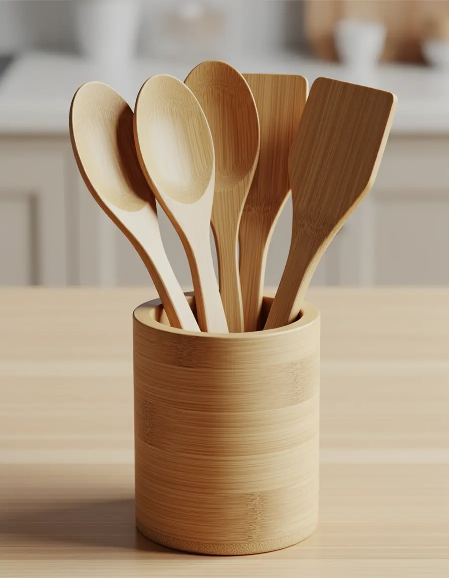 Set de utensilios de bambú de 6 piezas para cocina organizada
