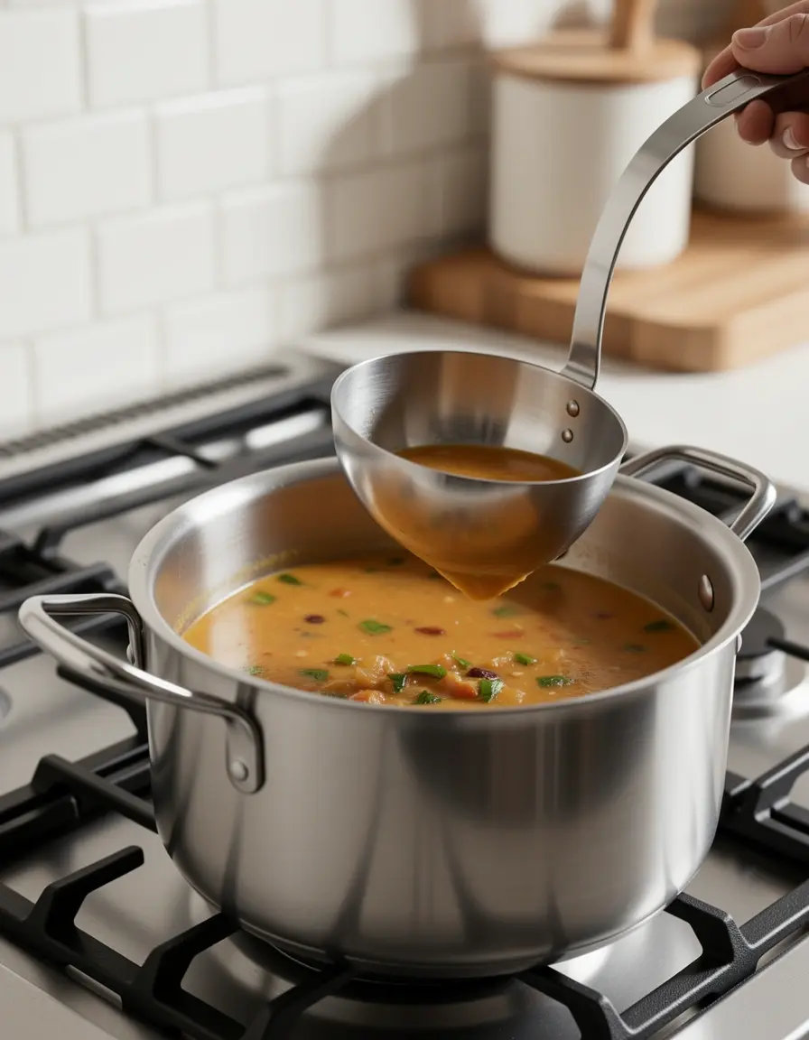 Cucharón de acero inoxidable de 4 oz sirviendo sopa caliente desde una olla