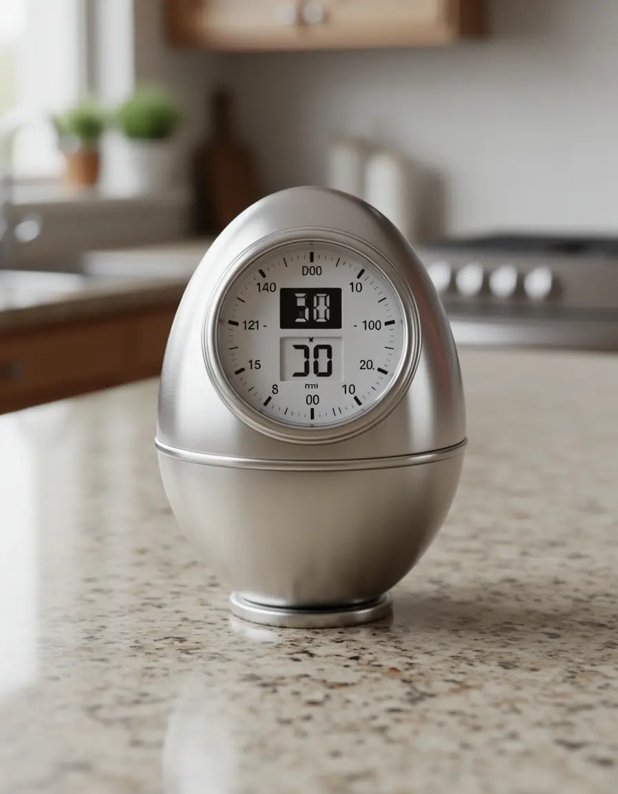 Temporizador de cocina mecánico con forma de huevo sobre encimera moderna