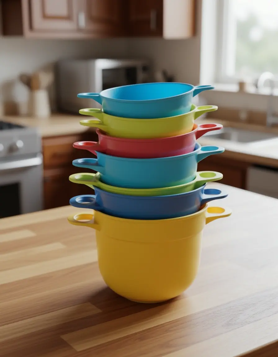 Juego de 5 tazas medidoras de plástico de colores apiladas sobre mesa de cocina