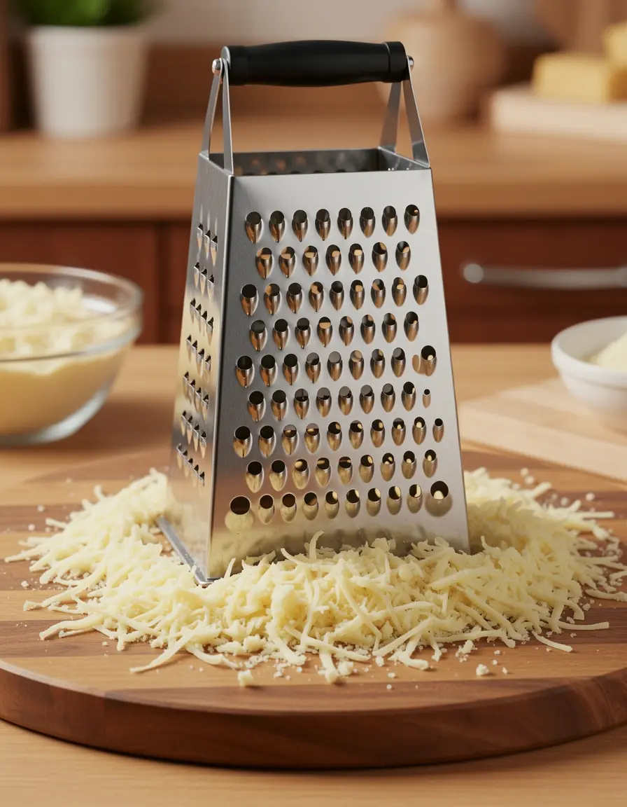 Rallador de caja de 4 caras rallando queso sobre tabla de madera