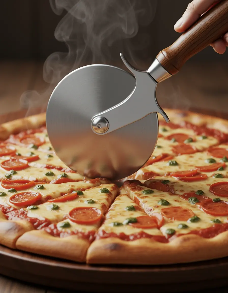 Cortador de pizza de acero inoxidable cortando una pizza crujiente