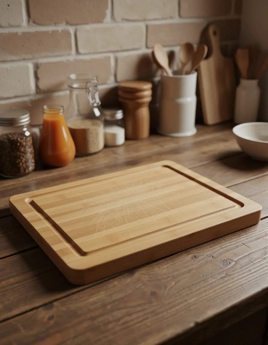 Tabla de cortar de bambú pequeña con textura natural de madera en cocina rústica