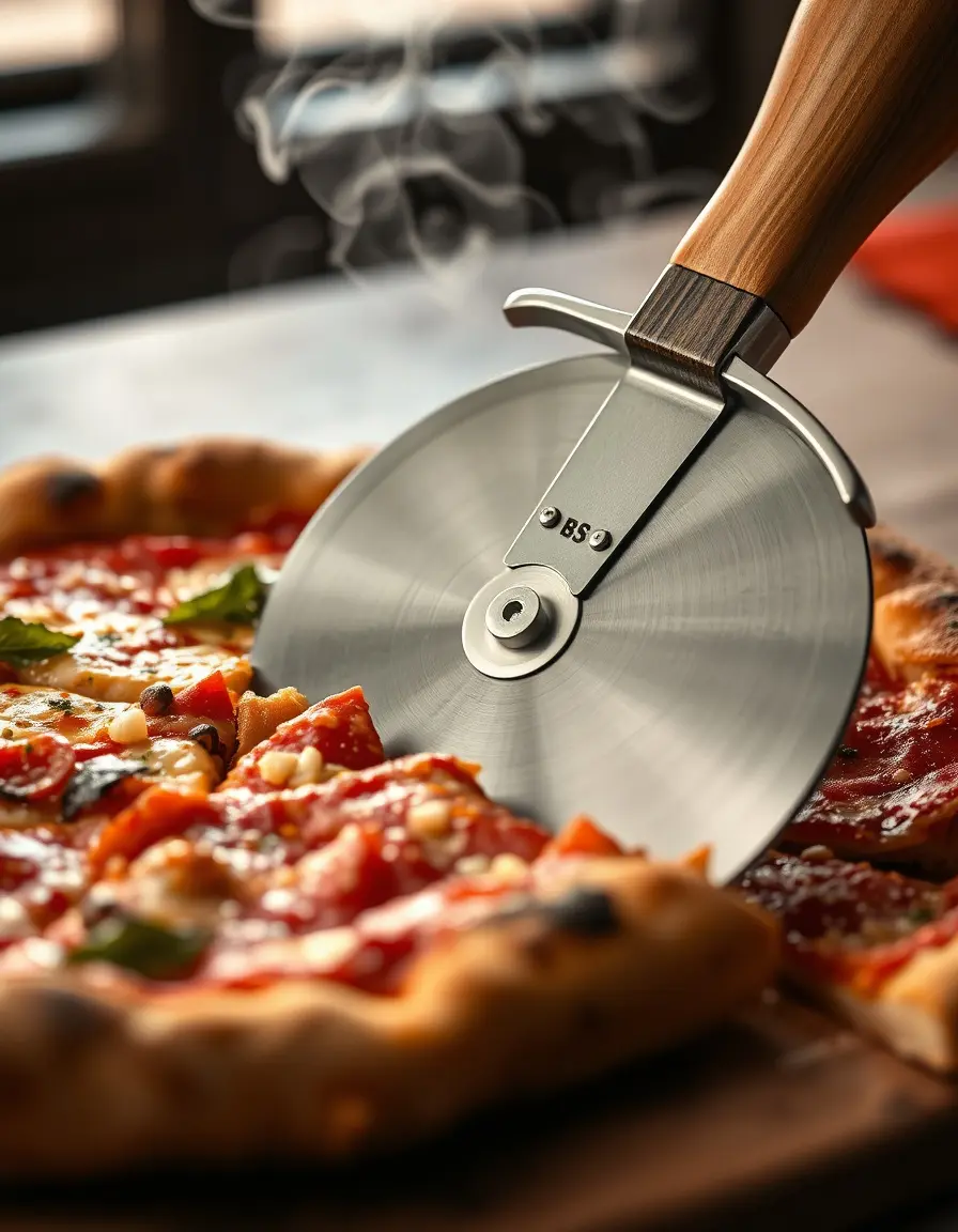 Cortador de pizza circular de acero inoxidable con mango de madera