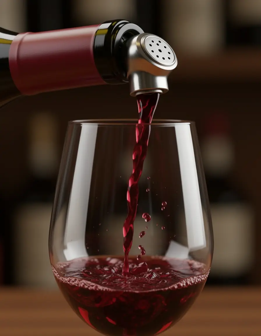 Aireador de vino vertedor en uso con botella de vino tinto