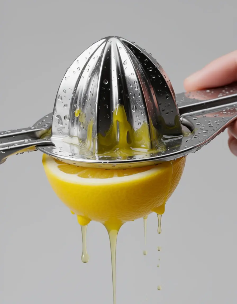 Exprimidor de limones de acero inoxidable exprimiendo una mitad de limón