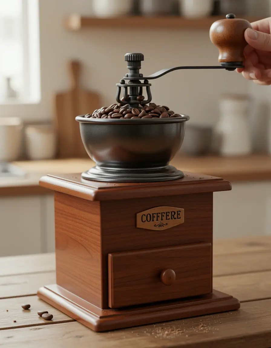 Molinillo de café manual cerámico moliendo granos