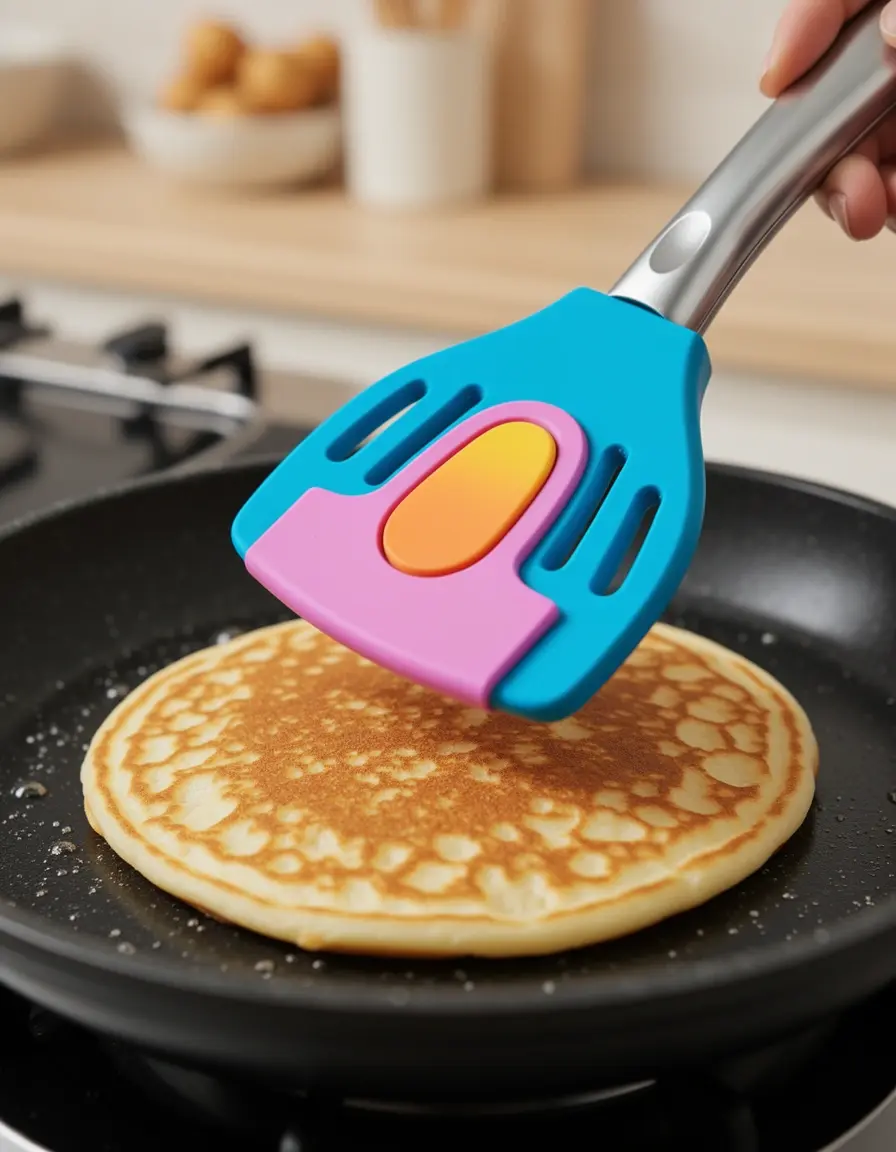 Espátula de silicona para tortitas dando la vuelta a un pancake