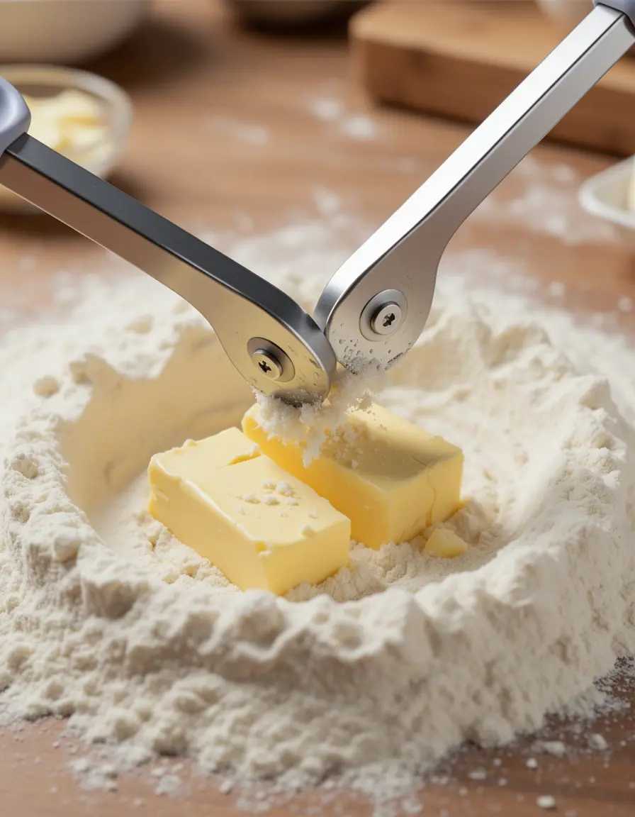 Mezclador de pastelería cortando mantequilla en harina