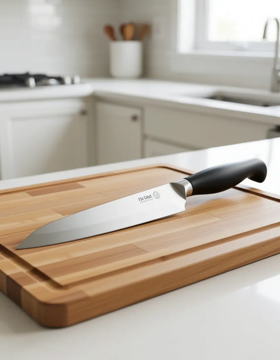 Cuchillo de chef profesional de 8 pulgadas en acero inoxidable sobre tabla de madera