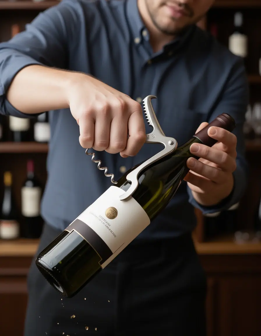 Sacacorchos de camarero profesional abriendo una botella de vino