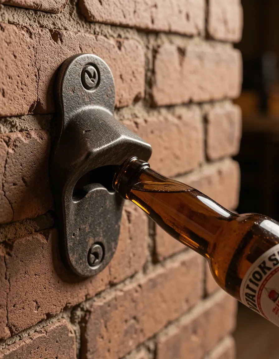 Abridor de botellas montado en la pared estilo rústico abriendo una cerveza