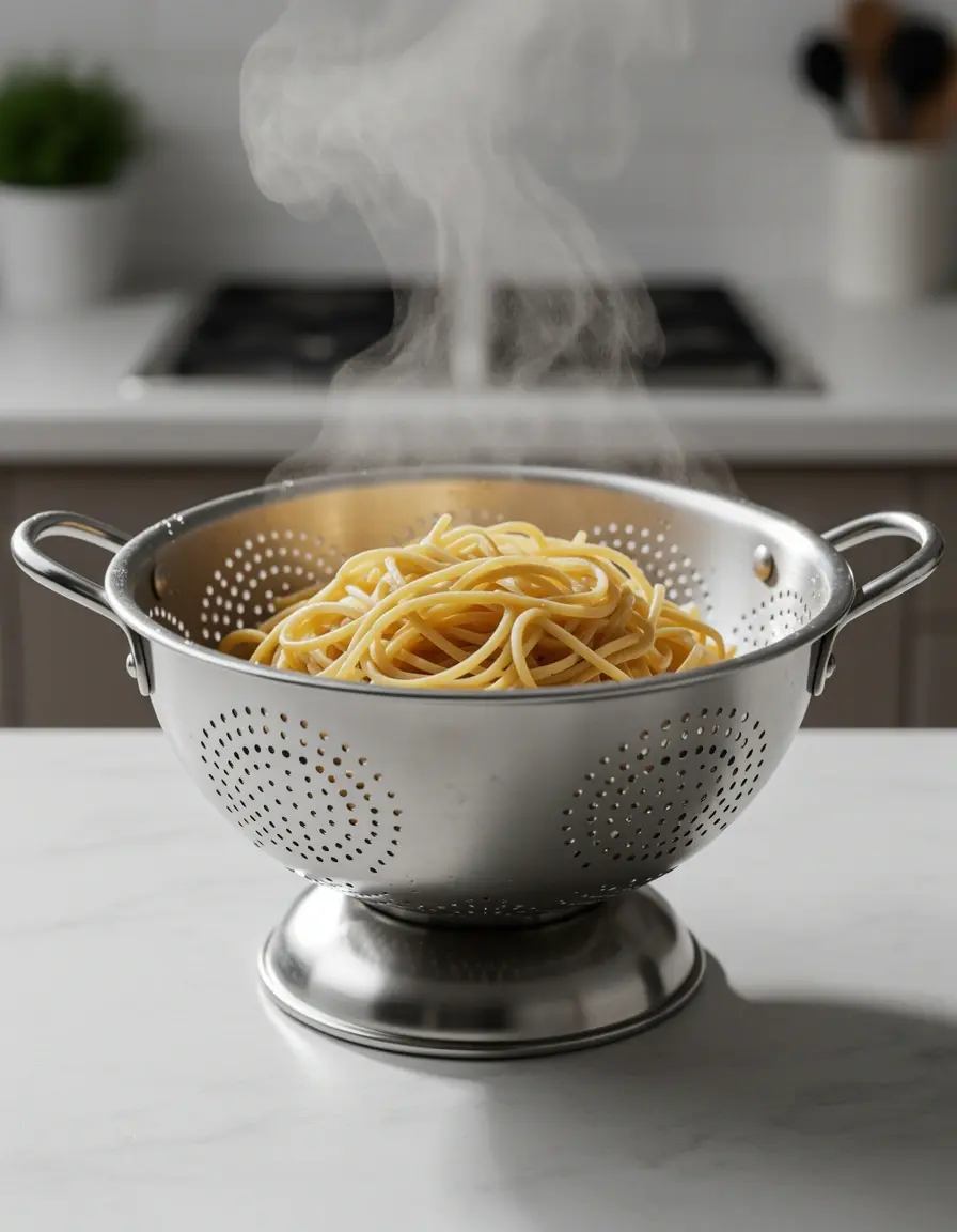 Colador de acero inoxidable de 3 cuartos escurriendo pasta con vapor