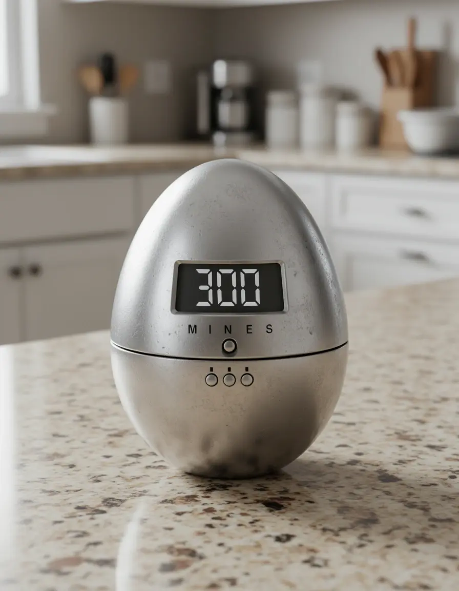 Temporizador de cocina mecánico con forma de huevo en una encimera