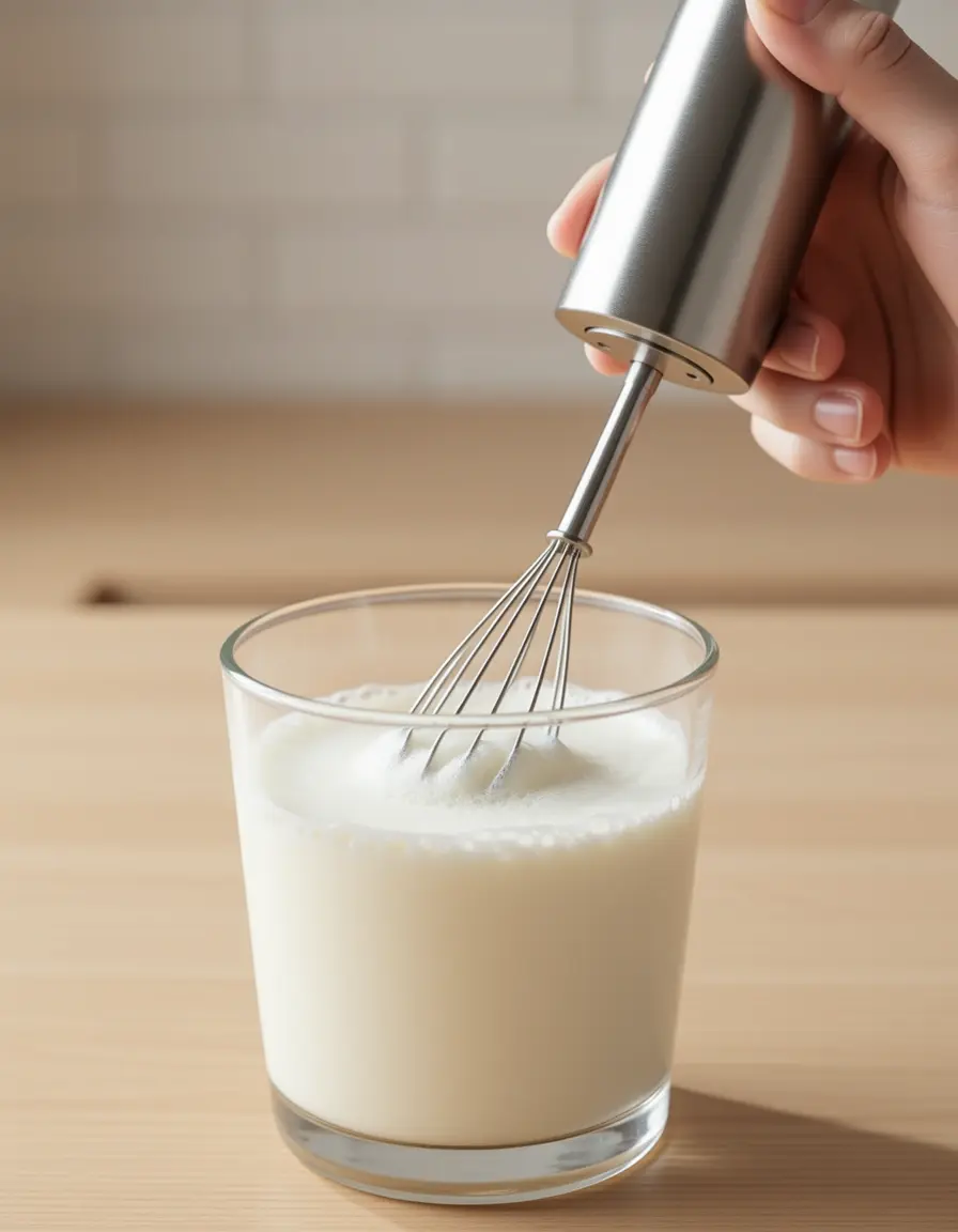Espumador de leche de mano creando espuma densa en un vaso de cristal