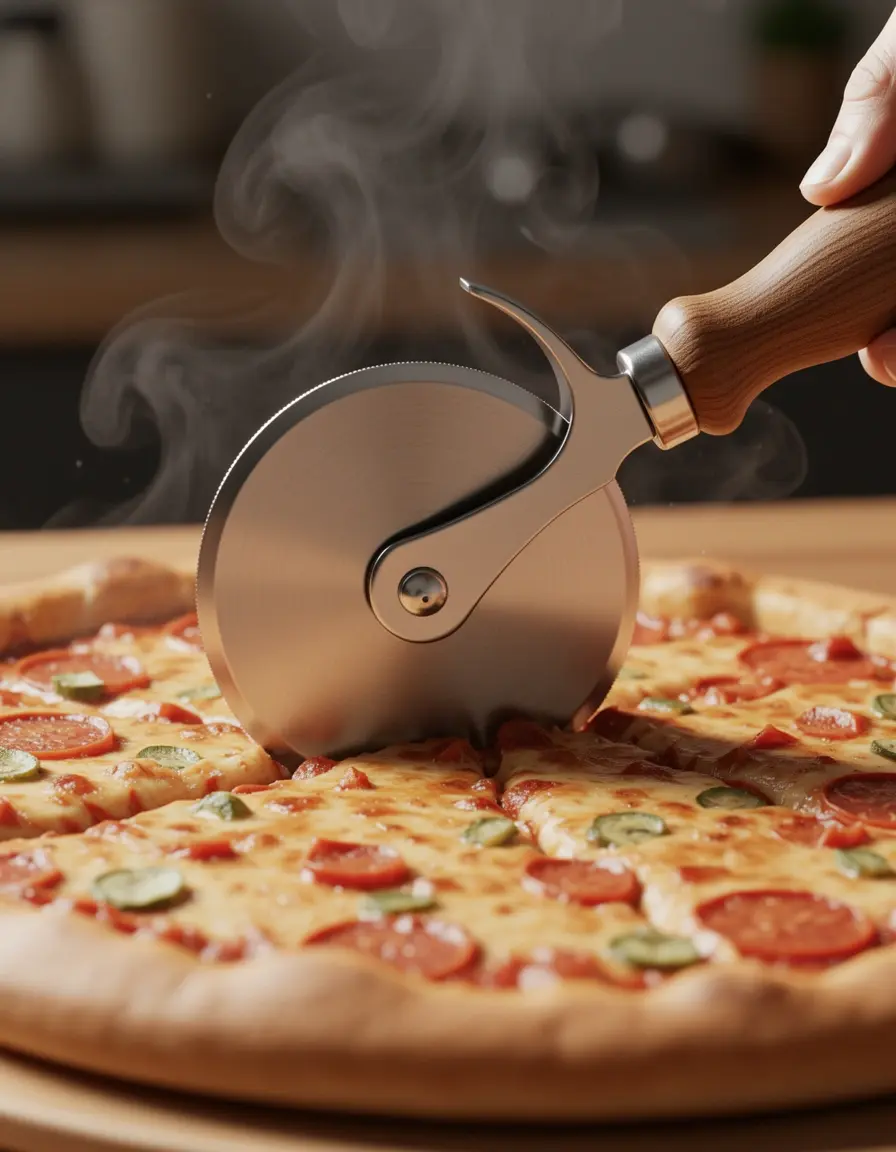 Pizza Cutter Wheel de acero inoxidable cortando una pizza humeante