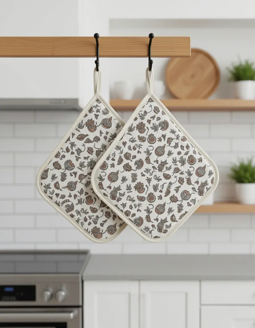 Set de 2 agarradores de algodón con diseño decorativo colgados en la cocina
