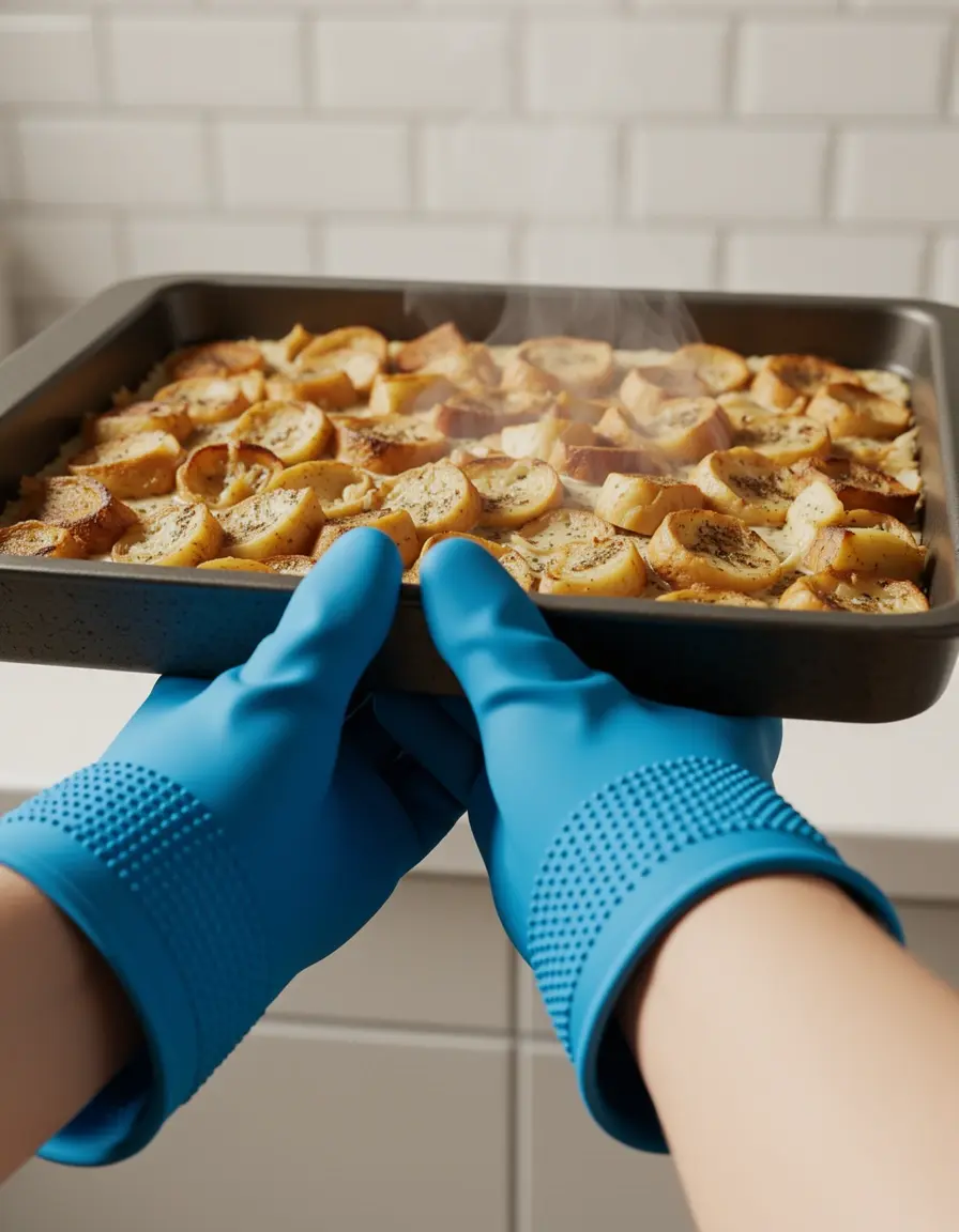 Manoplas de silicona azules sujetando una bandeja de horno caliente