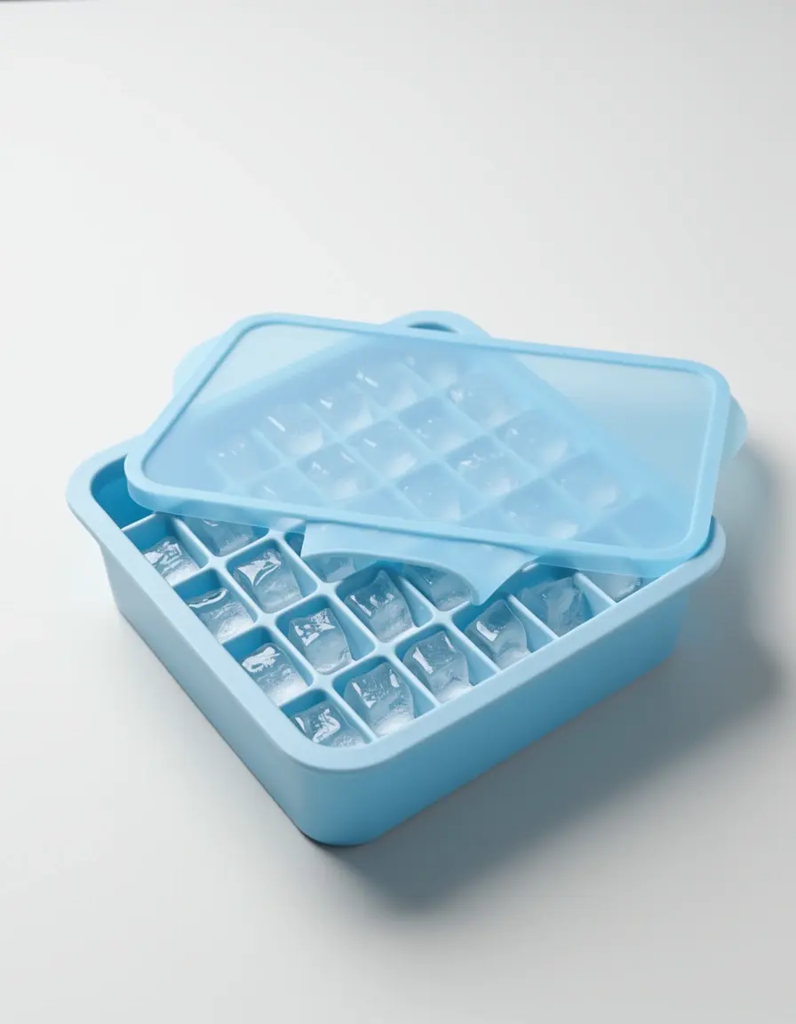 Cubitera de silicona con tapa liberando cubitos de hielo fácilmente