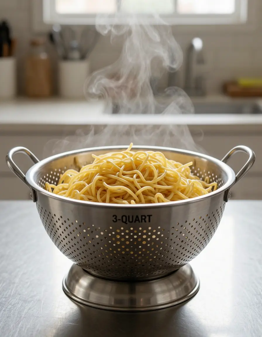 Escurridor de acero inoxidable de 3 cuartos colando pasta con vapor ascendente