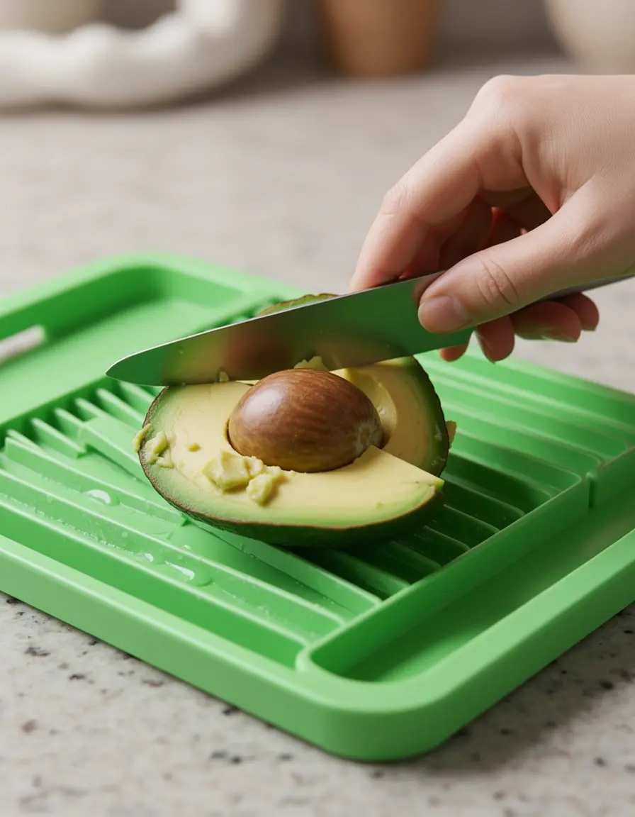 Cortador de aguacate 3 en 1 deshuesando y laminando un aguacate maduro