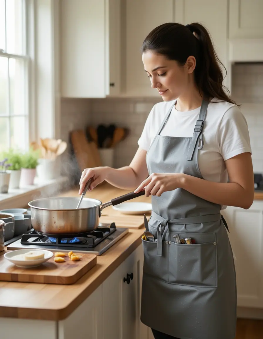 Delantal de cocina ajustable con bolsillos usado por alguien cocinando