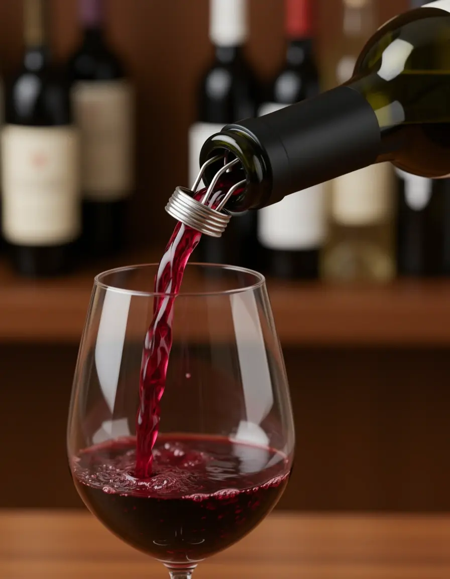 Oxigenador de vino tinto vertiendo sobre una copa en una cocina moderna