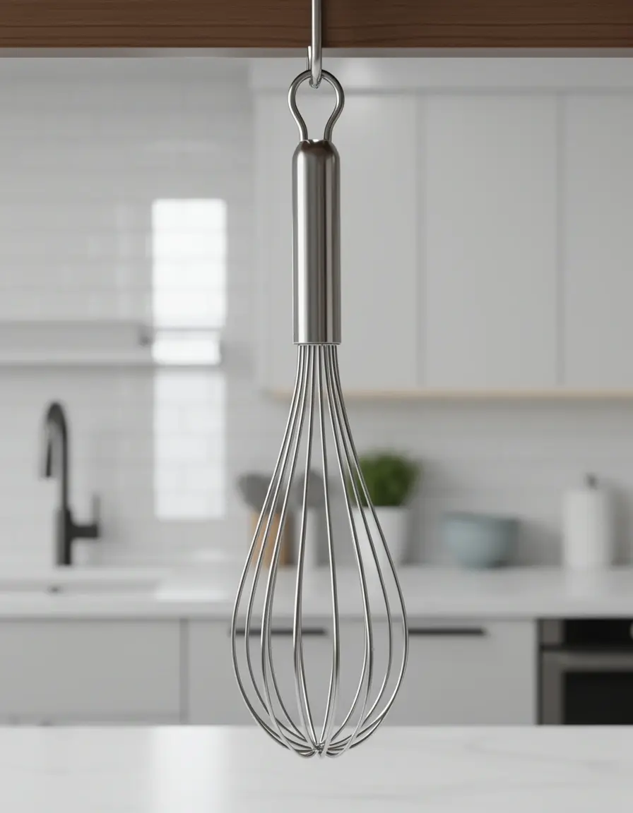 Batidor de varillas de acero inoxidable colgado en una cocina profesional