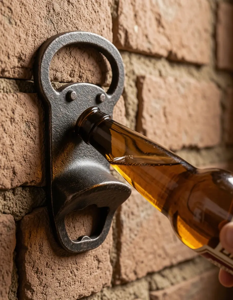 Abridor de botellas de hierro fundido montado en pared de estilo rústico