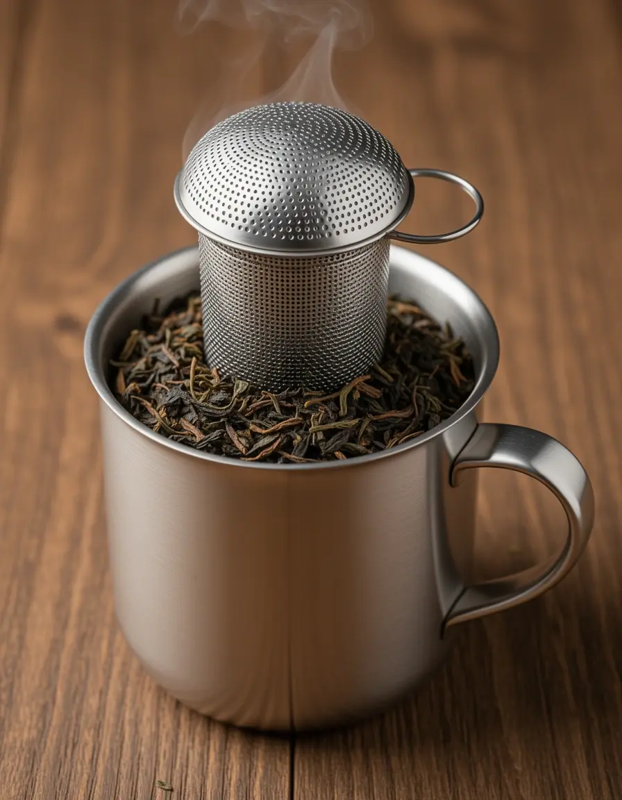 Infusor de té de acero inoxidable en una taza humeante