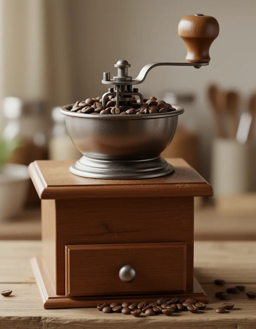 Molinillo de café manual cerámico moliendo granos en barra americana