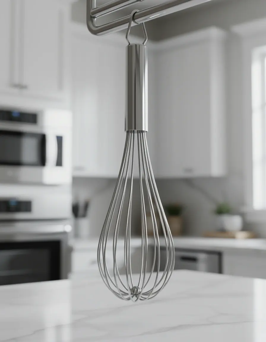 Batidor de varillas de acero inoxidable colgado en cocina moderna