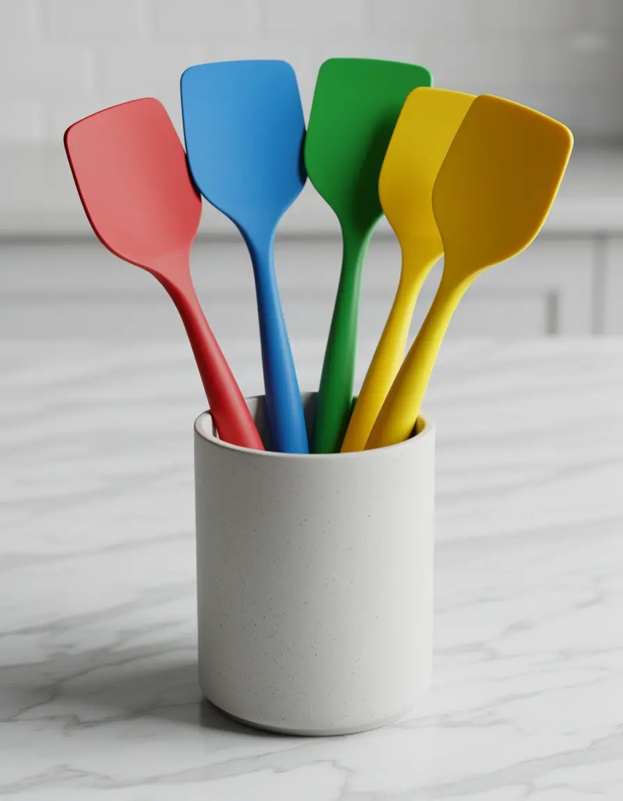Set de 4 espátulas de silicona de colores vibrantes en un soporte sobre encimera de mármol