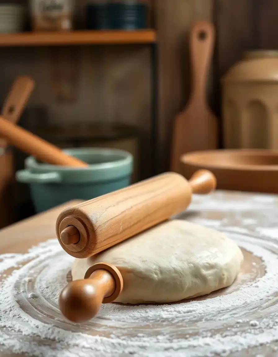 Rodillo de cocina de madera de 18 pulgadas extendiendo masa sobre superficie enharinada